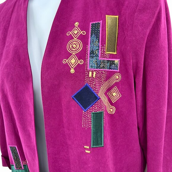 VTG CITY GIRL SPORT FUCHSIA EMBELLISHED CUFFED SLV 80'S OPEN FRONT BLAZER JACKET - Picture 2 of 5